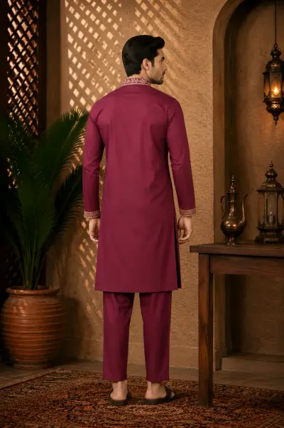 Maroon Cotton Embroidered Kurta Set view 3