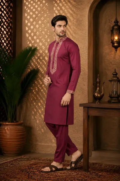 Maroon Cotton Embroidered Kurta Set view 4