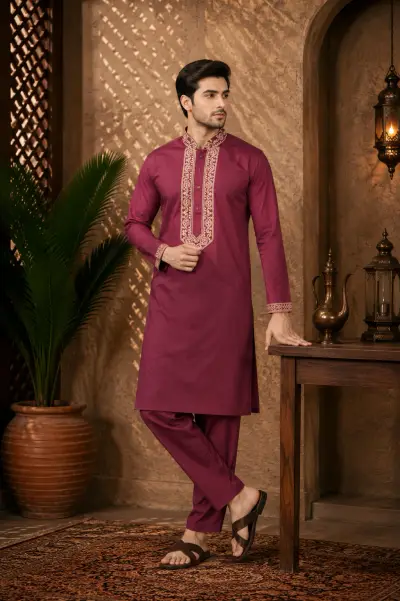 Maroon Cotton Embroidered Kurta Set
