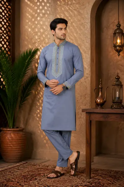 Blue Cotton Embroidered Kurta Set