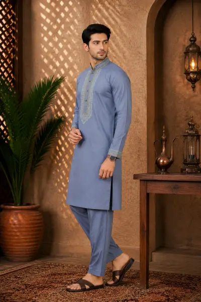 Blue Cotton Embroidered Kurta Set view 4