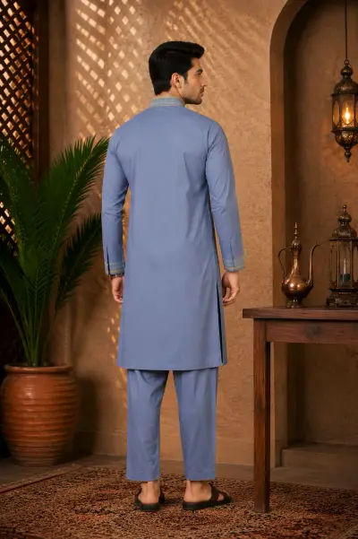 Blue Cotton Embroidered Kurta Set view 3