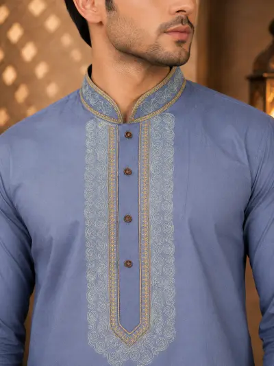 Blue Cotton Embroidered Kurta Set view 2