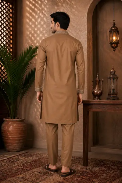 Brown Cotton Embroidered Kurta Set view 3