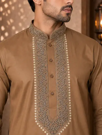 Brown Cotton Embroidered Kurta Set view 2