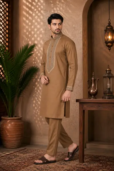 Brown Cotton Embroidered Kurta Set view 4