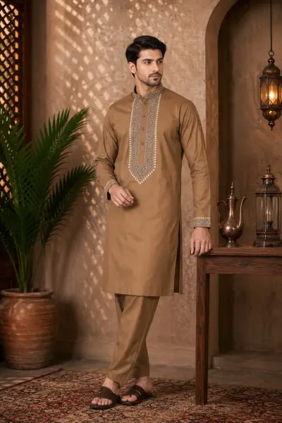 Brown Cotton Embroidered Kurta Set