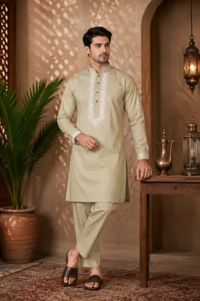 Beige Cotton Embroidered Kurta Set