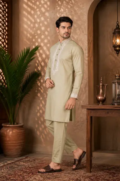 Beige Cotton Embroidered Kurta Set view 4