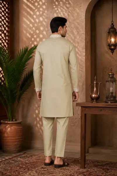 Beige Cotton Embroidered Kurta Set view 3