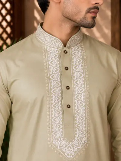 Beige Cotton Embroidered Kurta Set view 2