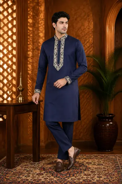 Navy Blue Cotton Embroidered Kurta Set