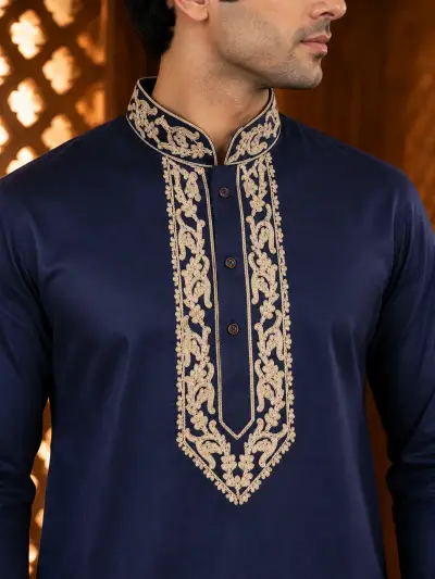 Navy Blue Cotton Embroidered Kurta Set view 2