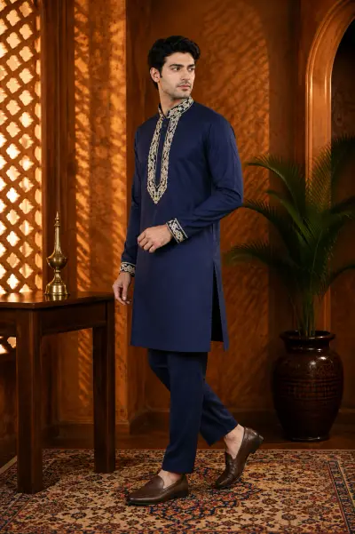 Navy Blue Cotton Embroidered Kurta Set view 4