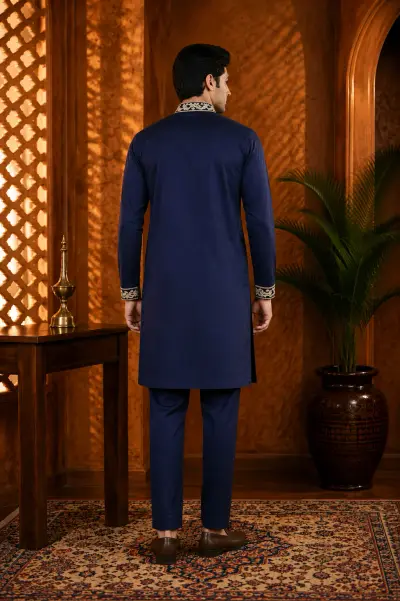 Navy Blue Cotton Embroidered Kurta Set view 3