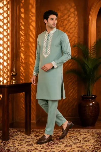 Sage Green Cotton Embroidered Kurta Set view 4