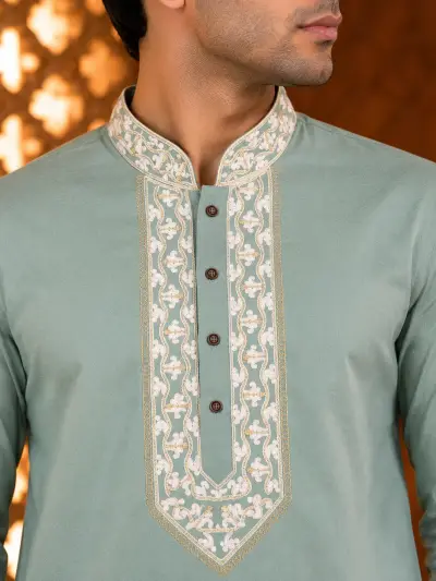 Sage Green Cotton Embroidered Kurta Set view 2