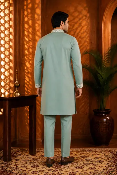 Sage Green Cotton Embroidered Kurta Set view 3