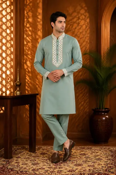 Sage Green Cotton Embroidered Kurta Set