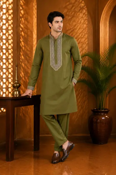 Olive Green Cotton Embroidered Kurta Set
