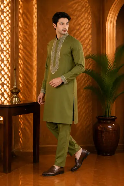 Olive Green Cotton Embroidered Kurta Set view 4