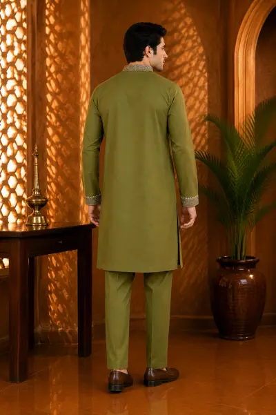 Olive Green Cotton Embroidered Kurta Set view 3