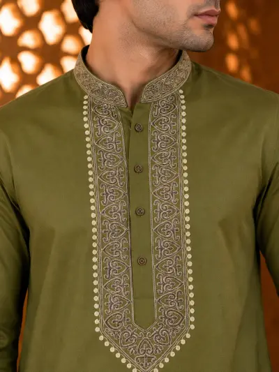 Olive Green Cotton Embroidered Kurta Set view 2