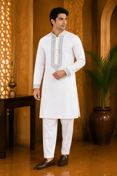 White Cotton Embroidered Kurta Set