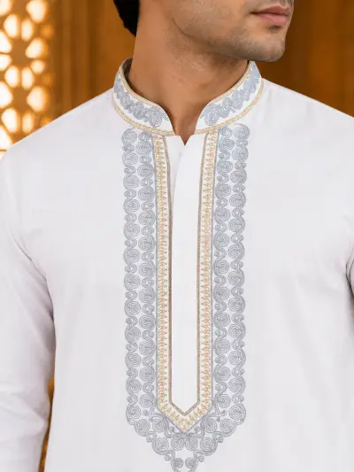 White Cotton Embroidered Kurta Set view 2