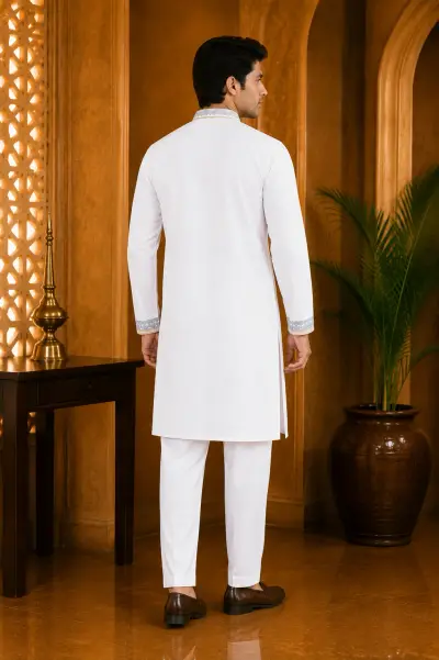 White Cotton Embroidered Kurta Set view 3