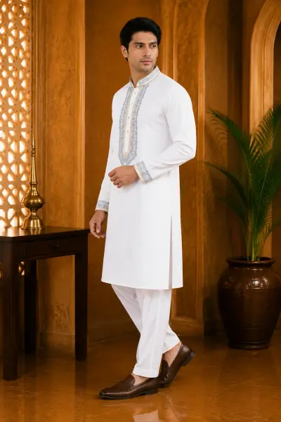 White Cotton Embroidered Kurta Set view 4