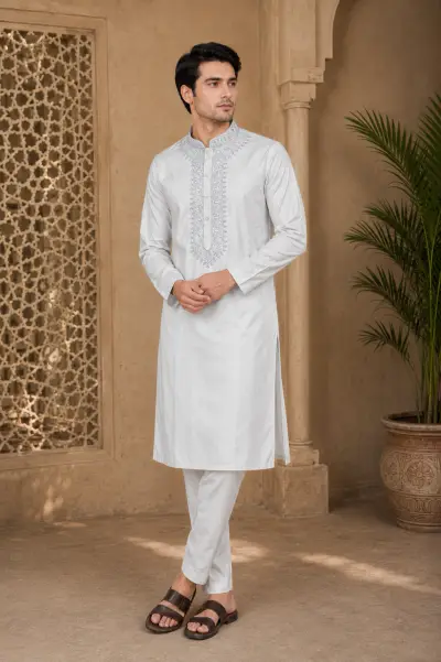 Ice Blue Japanese Embroidered Kurta