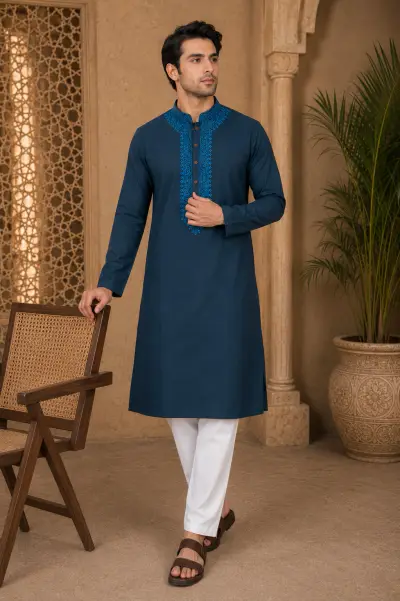 Navy Blue Japanese Embroidered Kurta