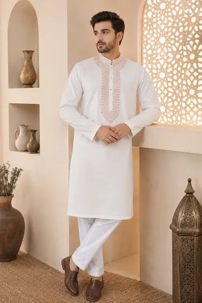 White Japanese Embroidered Kurta