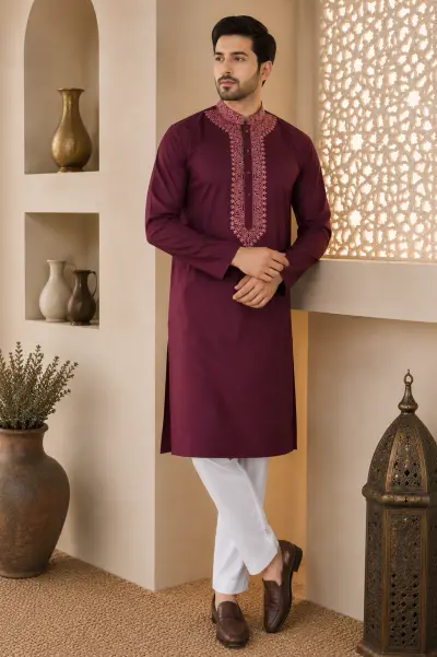 Wine Japanese Embroidered Kurta