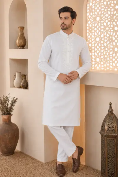 White Japanese Embroidered Kurta