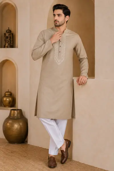Beige Japanese Embroidered Kurta
