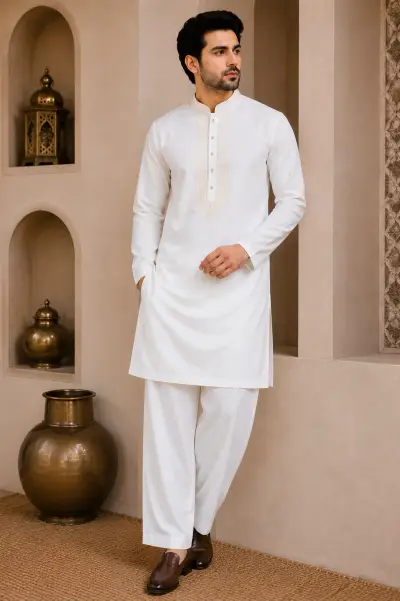 White Japanese Embroidered Short Kurta Set
