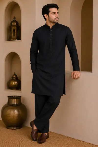 Black Japanese Embroidered Short Kurta Set
