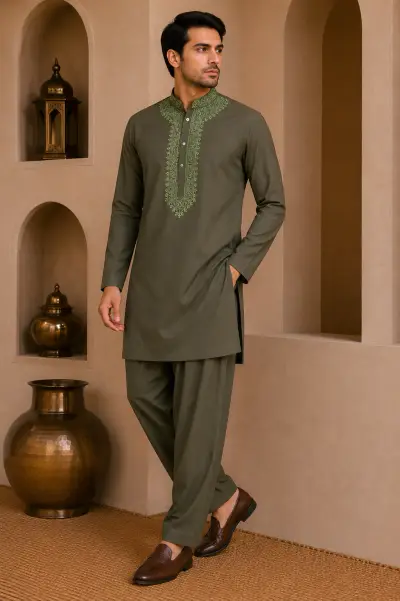 Olive Green Japanese Embroidered Short Kurta Set