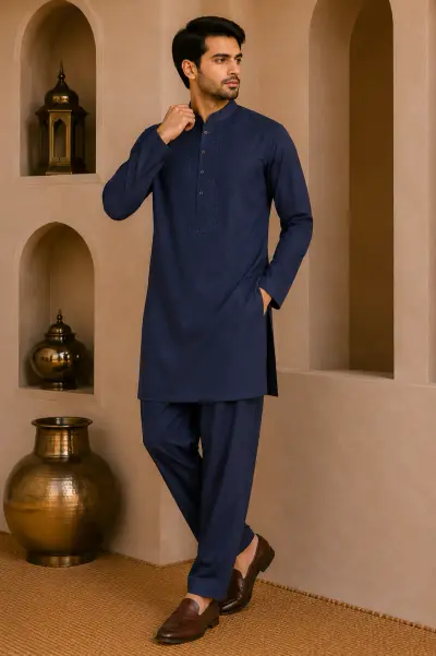 Navy Blue Japanese Embroidered Short Kurta Set