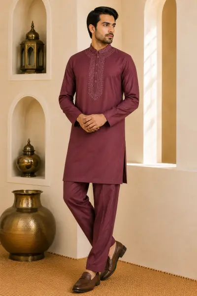 Wine Japanese Embroidered Short Kurta Set