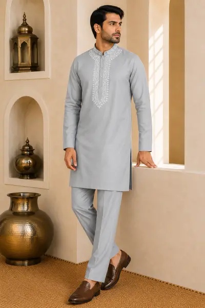 Light Grey Japanese Embroidered Short Kurta Set
