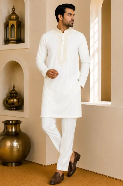 Premium Cream Japanese Embroidered Short Kurta Set