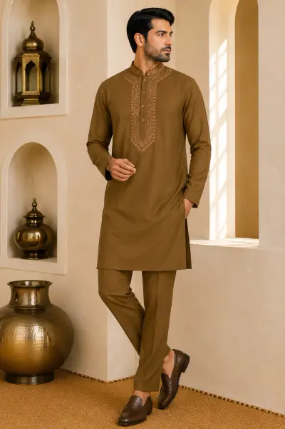 Coffee Brown Japanese Embroidered Short Kurta Set