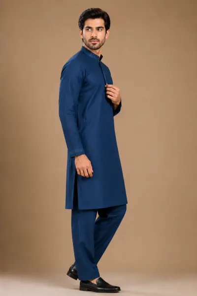 Men's Navy Blue Silk Kurta with Bottom view 4
