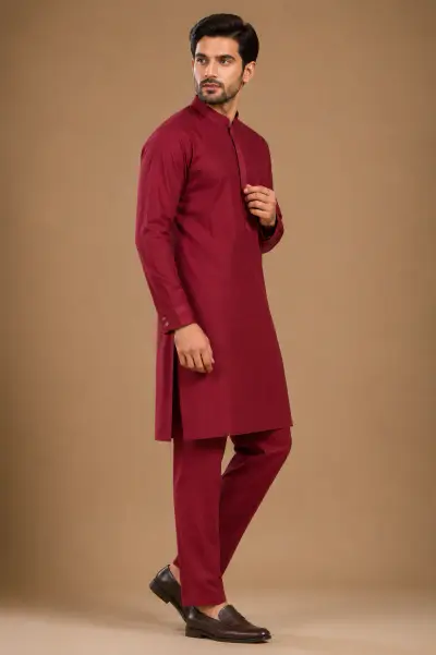 Men's Maroon Silk Kurta with Bottom view 4