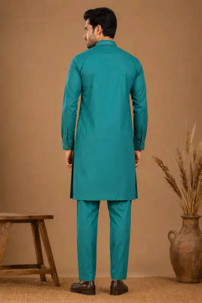 Men's Teal Green Silk Kurta with Bottom view 3
