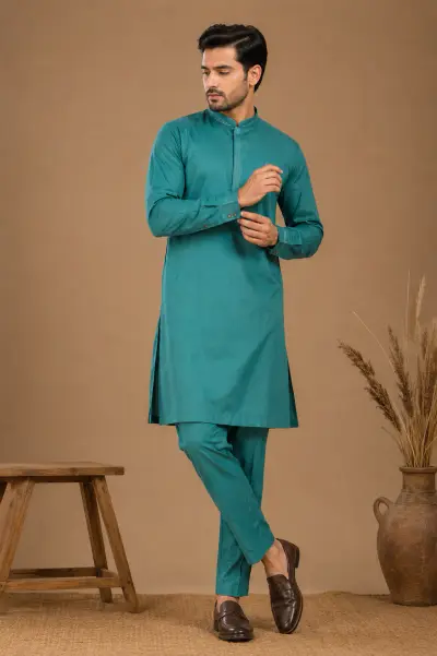 Men's Teal Green Silk Kurta with Bottom