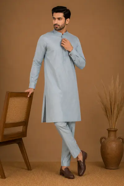 Men's Ice Blue Silk Kurta with Bottom